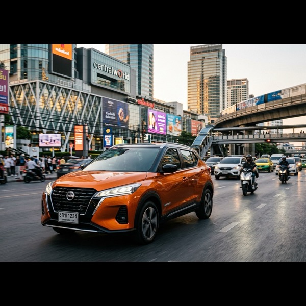 ภาพรถยนต์ B-SUV Nissan Kicks e-POWER สีส้มทูโทนหลังคาดำ ขับเคลื่อนคล่องตัวบนถนนใจกลางย่านการค้ากรุงเทพมหานคร ท่ามกลางตึกระฟ้าและระบบขนส่งมวลชน