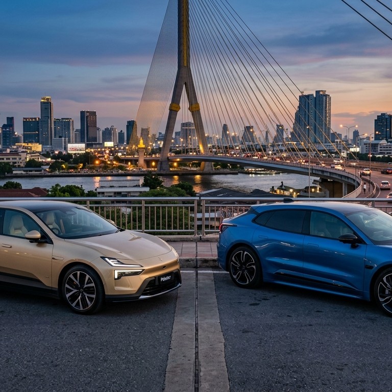 Polestar 4 สีทองแชมเปญ จอดเทียบกับ Zeekr 001 สีน้ำเงิน บนจุดชมวิวด้านหน้าสะพานพระราม 8 ยามพลบค่ำในกรุงเทพฯ