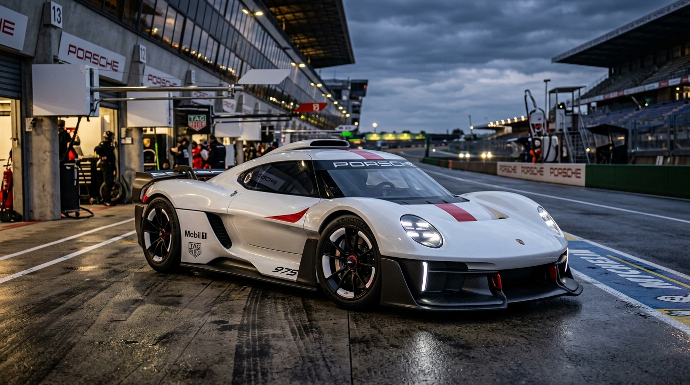 รถยนต์ต้นแบบซุปเปอร์คาร์ Porsche Mission S Concept สีขาวคาดแดงจอดอยู่ในพิตเลนสนามแข่ง