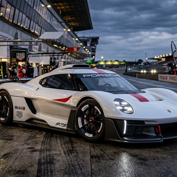 รถยนต์ต้นแบบซุปเปอร์คาร์ Porsche Mission S Concept สีขาวคาดแดงจอดอยู่ในพิตเลนสนามแข่ง