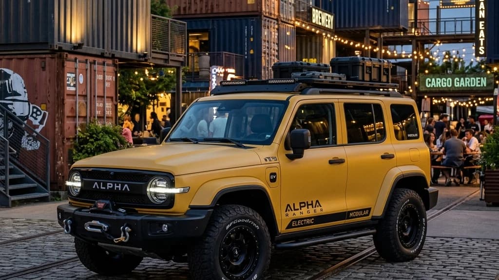 รถไฟฟ้าสไตล์ Retro Boxy Off-road สีเหลืองมัสตาร์ดสุดเท่จอดอยู่ในย่านตู้คอนเทนเนอร์ไลฟ์สไตล์สุดชิค