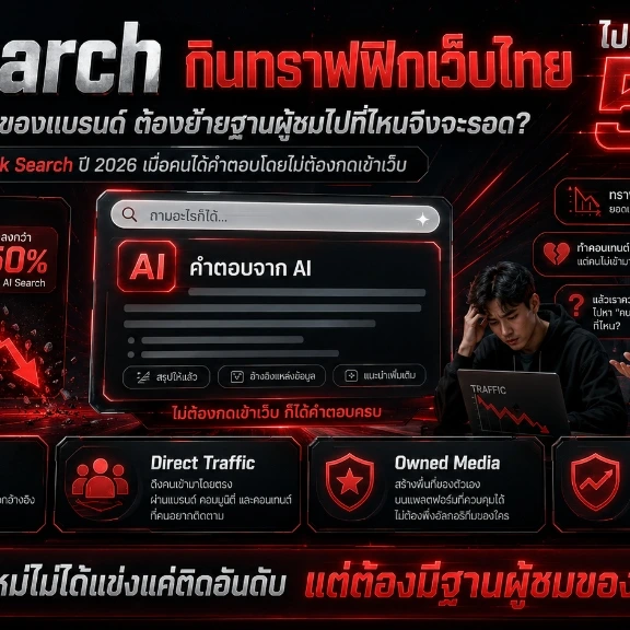 ภาพกราฟิกสื่อถึงครีเอเตอร์ที่ยืนอยู่บนจุดเชื่อมโยงข้อมูลระหว่างระบบค้นหาของ AI Search กับระบบฐานข้อมูลเว็บไซต์ส่วนตัว