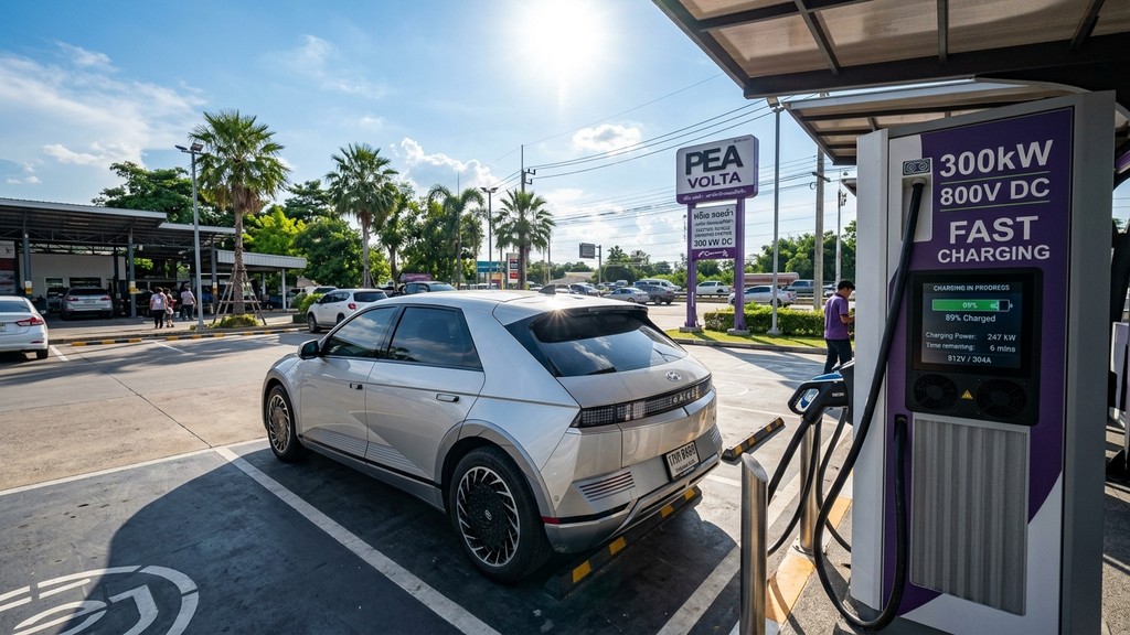 รถยนต์ไฟฟ้าสีเงินกำลังเสียบชาร์จไฟ DC Fast Charge 300 kW 800V ณ สถานีชาร์จท่ามกลางแดดจ้าในไทย
