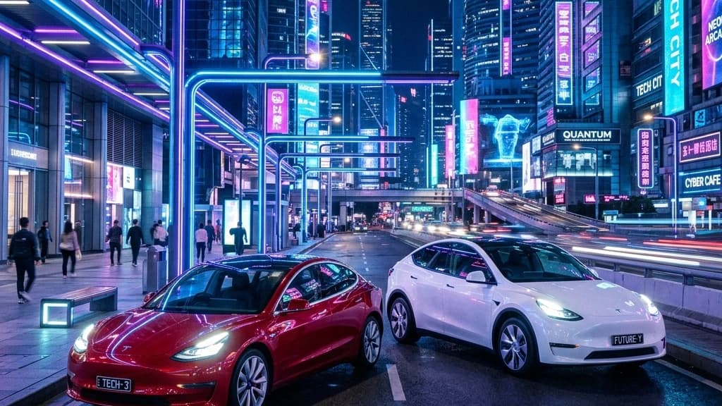 รถยนต์ไฟฟ้า Tesla Model 3 สีแดง และ Model Y สีขาว จอดเคียงคู่กันภายใต้แสงไฟนีออนของเมืองหลวงยามค่ำคืน