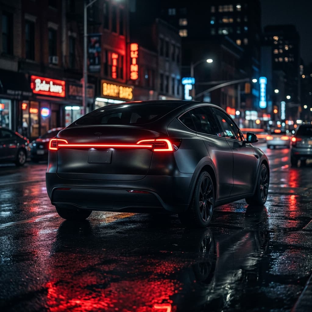 ภาพกราฟิกท้ายรถ Tesla Model Y Juniper สีดำด้านพร้อมเส้นไฟท้ายสีแดงเพลิงพาดยาวเรียบหรูท่ามกลางแสงสีของเมืองยามค่ำคืน