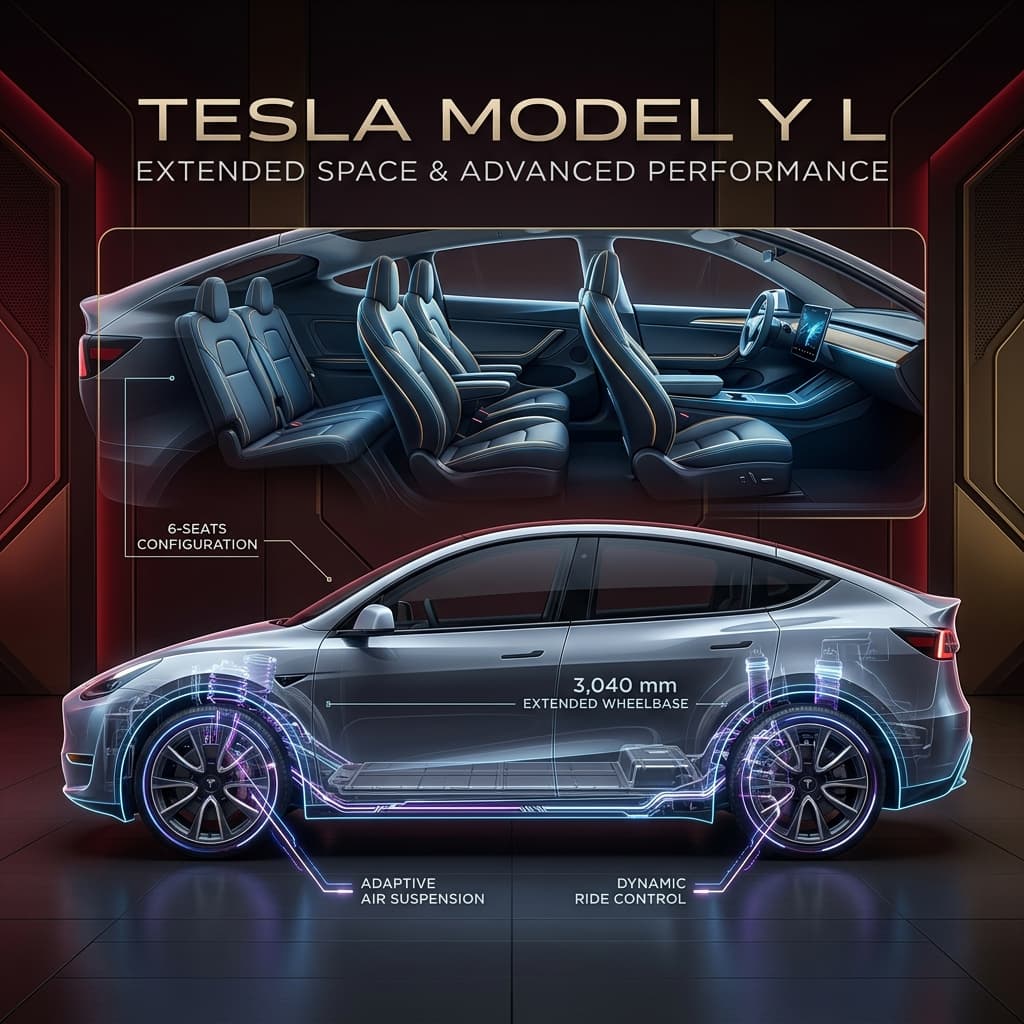 ภาพหน้าปกแสดงภายในห้องโดยสารพรีเมียมของ Tesla Model Y L ที่มีเบาะ Captain's Chairs แถวสองกว้างขวาง และภาพโครงช่วงล่างระบบกันสะเทือนแปรผัน
