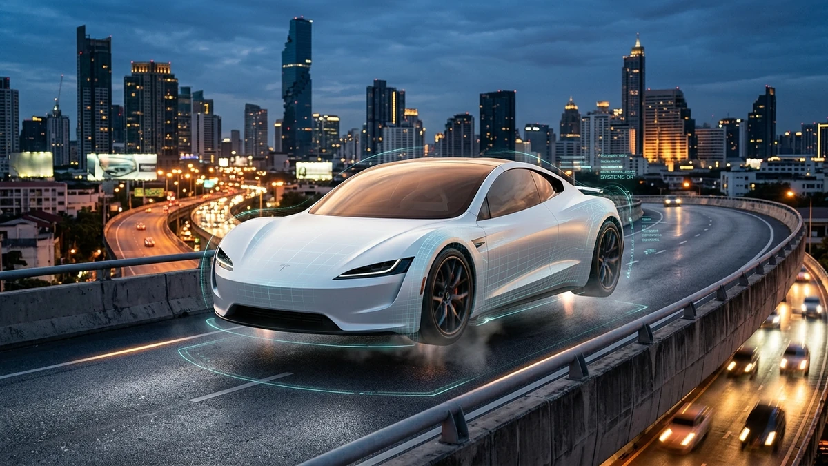 ภาพแนวคิดการตรวจสอบมาตรฐานทางวิศวกรรมและกฎหมายของ Tesla Roadster 2026 บนท้องถนนในกรุงเทพมหานคร
