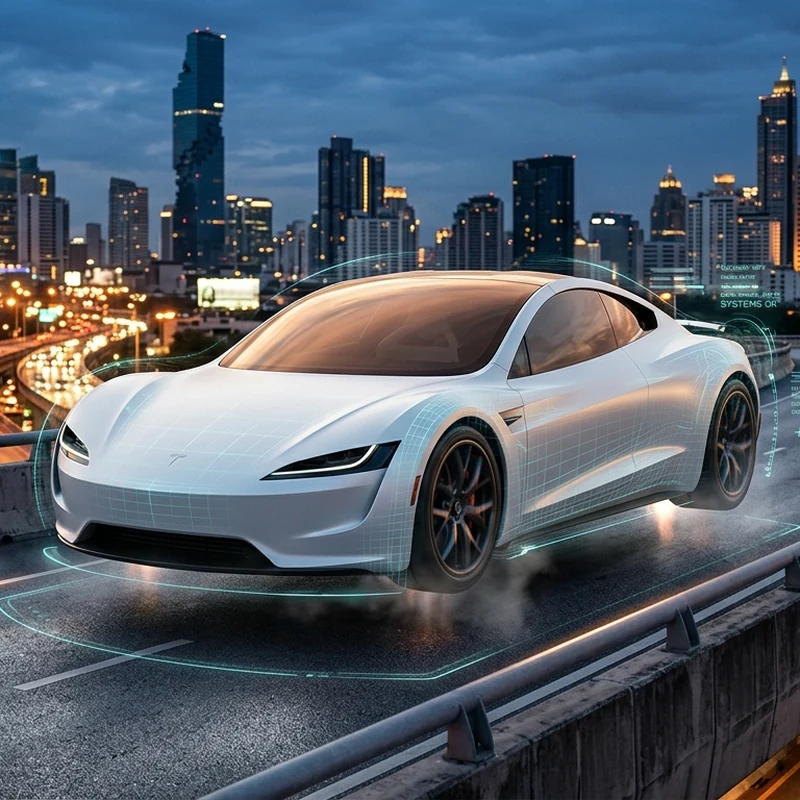 ภาพแนวคิดการตรวจสอบมาตรฐานทางวิศวกรรมและกฎหมายของ Tesla Roadster 2026 บนท้องถนนในกรุงเทพมหานคร