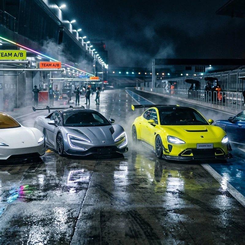 การประชันกันระหว่าง Tesla Roadster 2026, BYD Yangwang U9, Xiaomi SU7 Ultra และ BYD Denza Z บนแทร็กสนามแข่งยามค่ำคืน