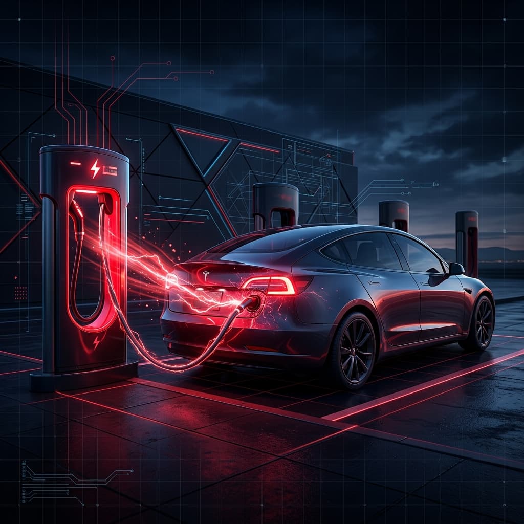 ภาพกราฟิกแสดงหัวชาร์จและตู้ชาร์จ Tesla Supercharger เปล่งแสงเรืองรองสีแดงพ่นพลังงานไฟฟ้าวิ่งสู่ตัวรถเทสลา บนลวดลายทางวิศวกรรมสีดำดูล้ำสมัย
