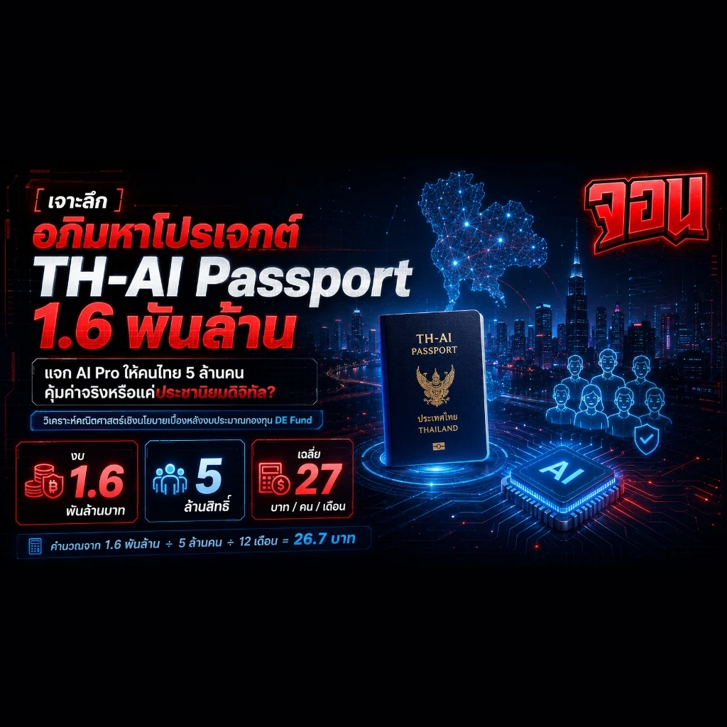 ภาพจำลองพาสปอร์ตดิจิทัล TH-AI Passport พร้อมลายเส้นวงจรไฟฟ้าสีทองพรีเมียมบนโต๊ะทำงานกระจกสีดำ
