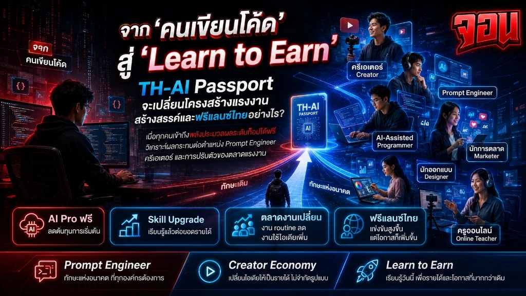ภาพดีไซน์ปกพาสปอร์ตไทย AI แผ่นวงจรเรืองแสงสีทองบนโต๊ะทำงานกระจกเท่หรูหรา