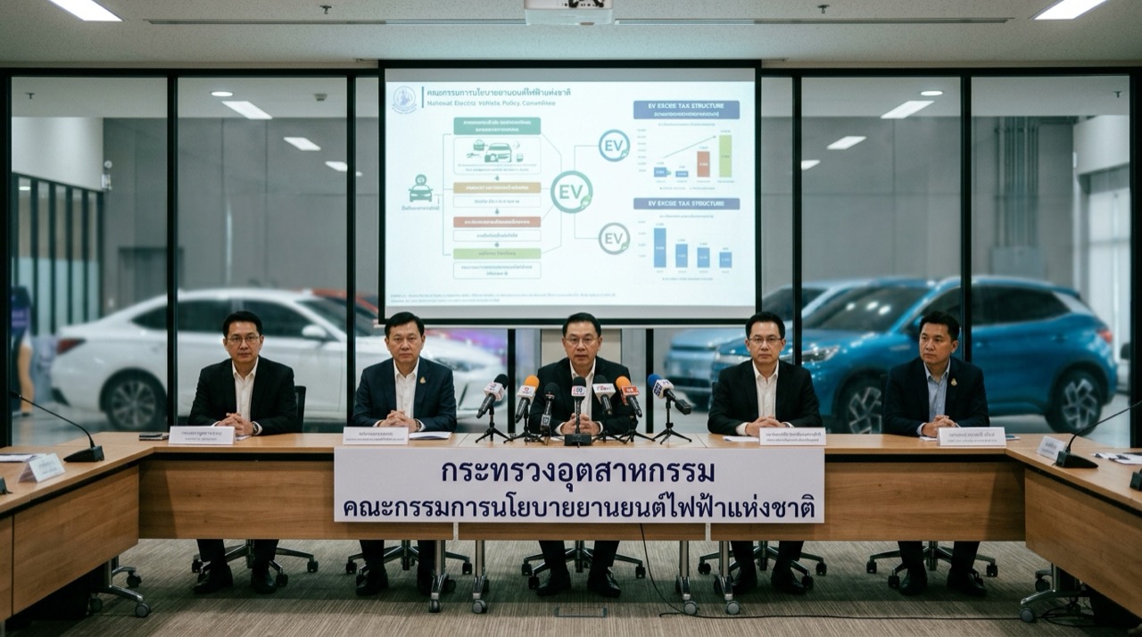 การแถลงข่าวมติคณะกรรมการนโยบายยานยนต์ไฟฟ้าแห่งชาติ (บอร์ด EV) นำโดยนายเอกนิติ นิติทัณฑ์ประภาศ เผยโครงสร้างภาษีสรรพสามิต 3 Tiers ใหม่บนจอฉายภาพ