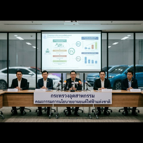 การแถลงข่าวมติคณะกรรมการนโยบายยานยนต์ไฟฟ้าแห่งชาติ (บอร์ด EV) นำโดยนายเอกนิติ นิติทัณฑ์ประภาศ เผยโครงสร้างภาษีสรรพสามิต 3 Tiers ใหม่บนจอฉายภาพ