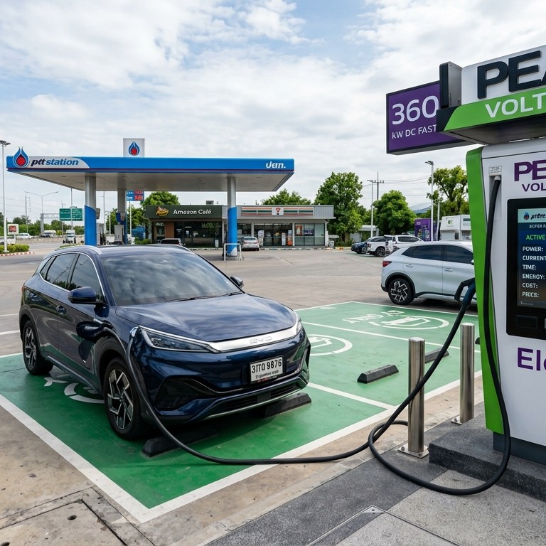 รถยนต์ไฟฟ้ากำลังเสียบชาร์จตู้ DC Fast Charge 360 kW ณ สถานีบริการริมทางหลวงในประเทศไทย พร้อมป้ายแสดงอัตราค่าบริการชาร์จไฟ