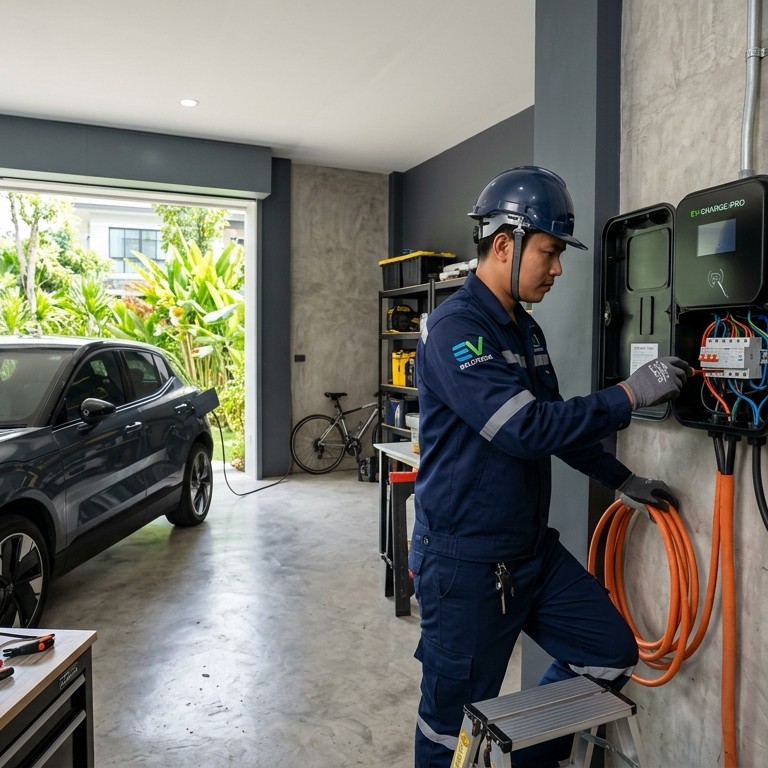 ช่างไฟฟ้ากำลังทำการติดตั้งเครื่องชาร์จไฟ EV Home Charger Wallbox ขนาด 22 kW พร้อมเบรกเกอร์ความปลอดภัยในโรงจอดรถกรุงเทพฯ