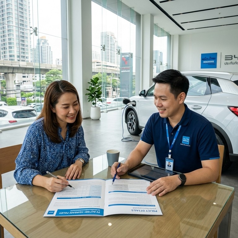 ตัวแทนประกันภัยกำลังอธิบายเงื่อนไขการคุ้มครองแบตเตอรี่รถไฟฟ้าในเอกสารกรมธรรม์แก่ลูกค้า