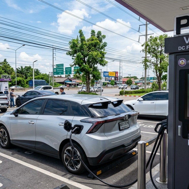 ตู้ชาร์จไฟ PEA VOLTA DC Fast Charger แสดงหน้าจอมอนิเตอร์อัตราค่าไฟบาทต่อหน่วย ณ จุดบริการในไทย