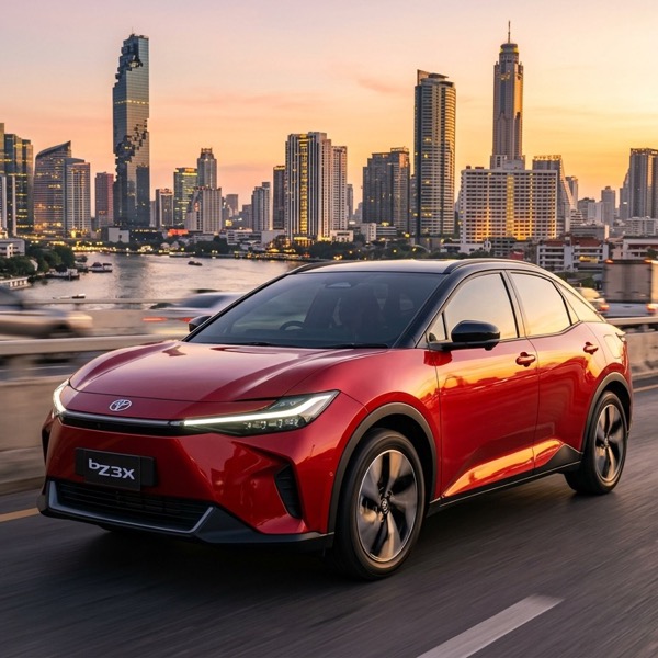 Toyota bZ3X รถยนต์ไฟฟ้าคอมแพกต์เอสยูวี สีแดงเมทัลลิก ดีไซน์ด้านหน้าแบบ Hammerhead ไฟหน้า LED รูปตัว C วิ่งบนถนนยกระดับในกรุงเทพฯ ยามเช้า