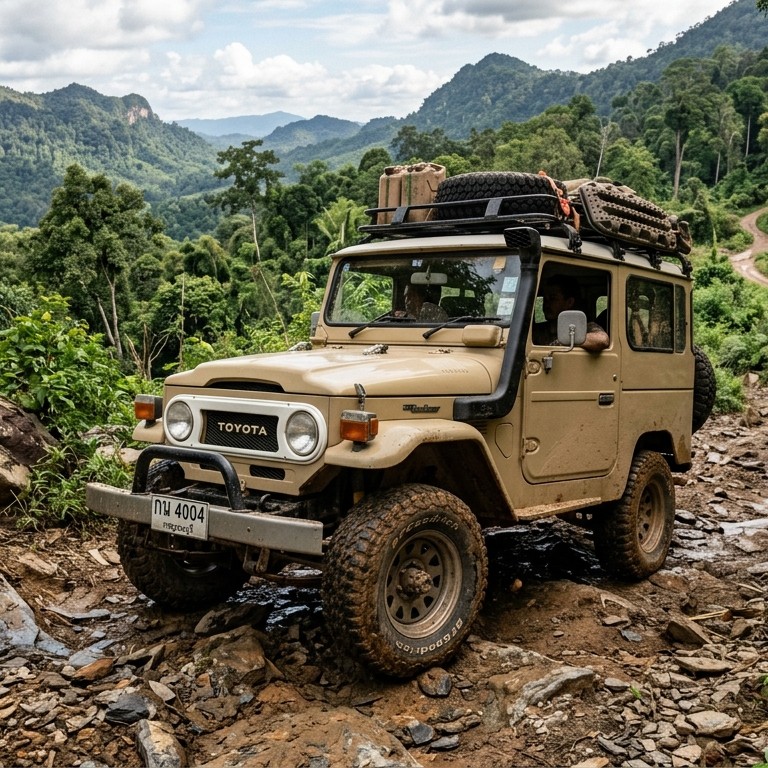 Toyota Land Cruiser FJ สีครีมสไตล์ออฟโรดคลาสสิก พร้อมแร็คสัมภาระหลังคาและยาง All-Terrain กำลังลุยผ่านเส้นทางดินหินภูเขาในจังหวัดกาญจนบุรี
