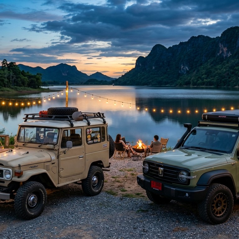 Toyota Land Cruiser FJ สีครีมทะเลทราย และ GWM TANK 300 สีเขียวโอลีฟ จอดเคียงข้างกัน ณ จุดกางเต็นท์ริมทะเลสาบในจังหวัดราชบุรี ยามพลบค่ำ