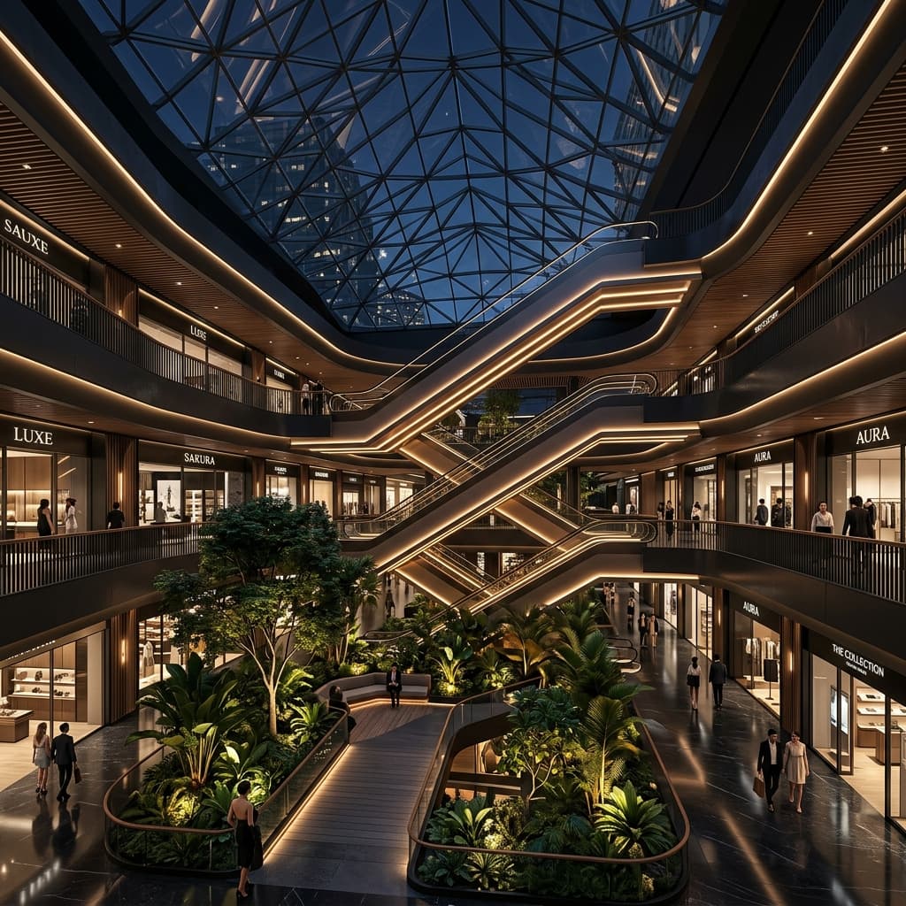 ภาพหน้าปกแสดงบรรยากาศสถาปัตยกรรมห้างสรรพสินค้าไทยที่ทันสมัยและหรูหรา มีทางเชื่อมเข้าสู่รถไฟฟ้าลื่นไหล