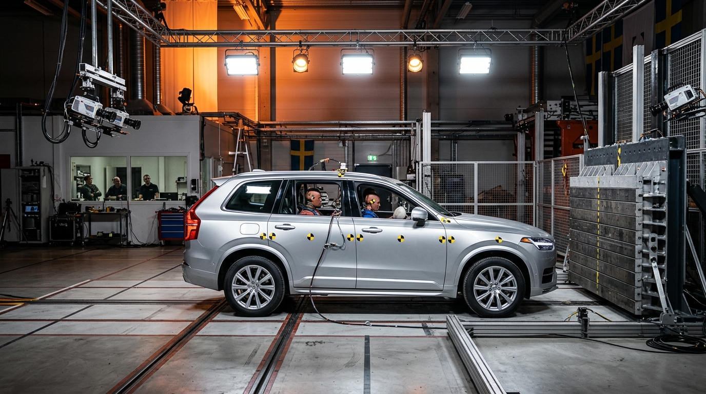 ห้องปฏิบัติการทดสอบการชนและความปลอดภัยระดับสูงของรถยนต์ Volvo พร้อมหุ่นดัมมี่ทดสอบ