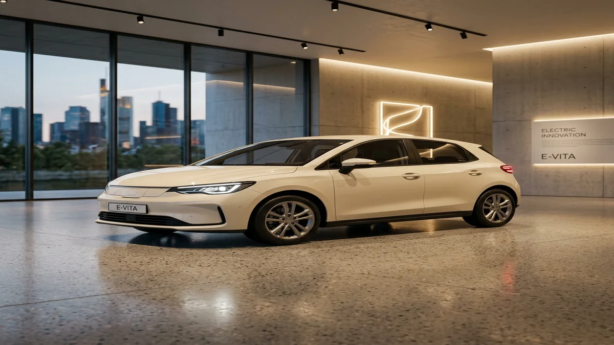 ภาพดีไซน์รถแฮทช์แบ็กไฟฟ้า Chery Q สีพาสเทลจอดในโชว์รูมสไตล์มินิมอลโมเดิร์น