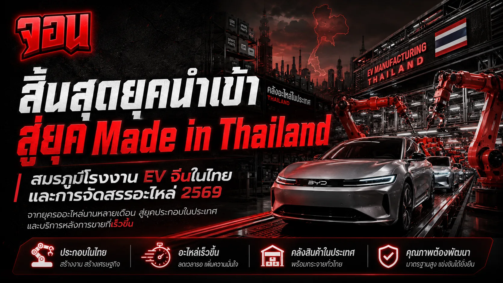 ภาพสายพานประกอบรถยนต์อัตโนมัติที่มีหุ่นยนต์อัจฉริยะกำลังเชื่อมตัวถังรถยนต์ไฟฟ้า พร้อมประกายไฟสีฟ้าสว่างไสว มีตราสัญลักษณ์ธงชาติไทยลวดลายทันสมัยบนรถยนต์