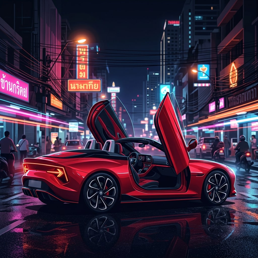 ภาพกราฟิกสไตล์พรีเมียมของรถยนต์สปอร์ตไฟฟ้าสีแดง MG Cyberster เปิดประตูปีกนกสยายขึ้นฟ้าสะท้อนแสงไฟนีออนของเมืองใหญ่