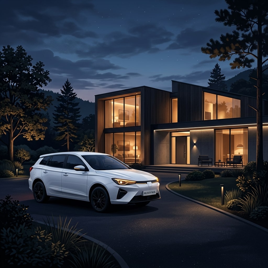 ภาพหน้าปกแสดงรถยนต์อเนกประสงค์สีขาว MG S5 EV PLUS จอดเทียบหน้าบ้านโมเดิร์นสวยงามหรูหราใต้ท้องฟ้ายามเย็นโพล้เพล้ดูสง่างาม