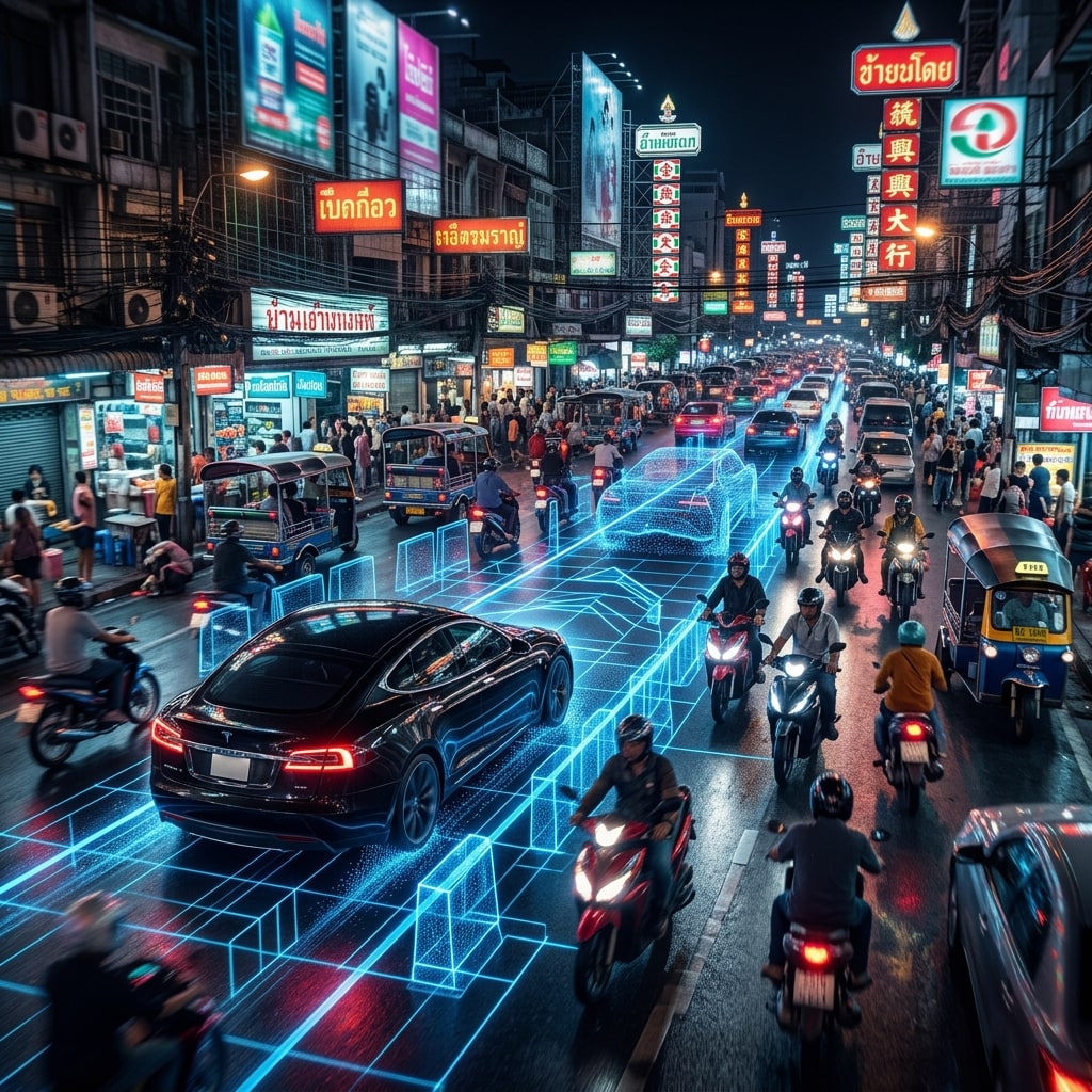 ภาพกราฟิกขบวนรถ Tesla ทดสอบระบบขับขี่อัตโนมัติวิ่งผ่านถนนในกรุงเทพฯ ท่ามกลางมอเตอร์ไซค์และการตรวจจับสแกนภาพของกล้อง AI เป็นเส้นกริดสีน้ำเงินล้ำสมัย
