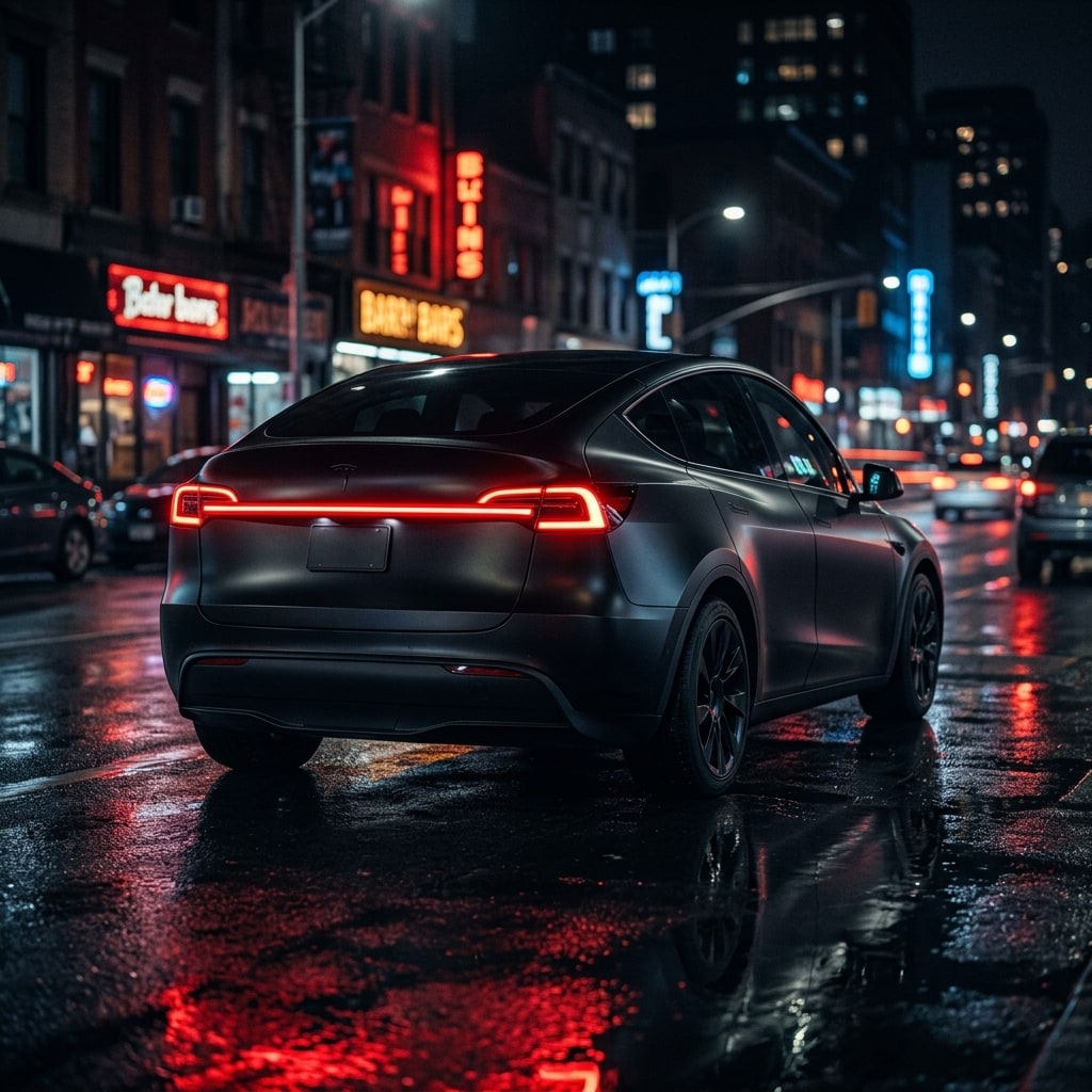 ภาพกราฟิกท้ายรถ Tesla Model Y Juniper สีดำด้านพร้อมเส้นไฟท้ายสีแดงเพลิงพาดยาวเรียบหรูท่ามกลางแสงสีของเมืองยามค่ำคืน