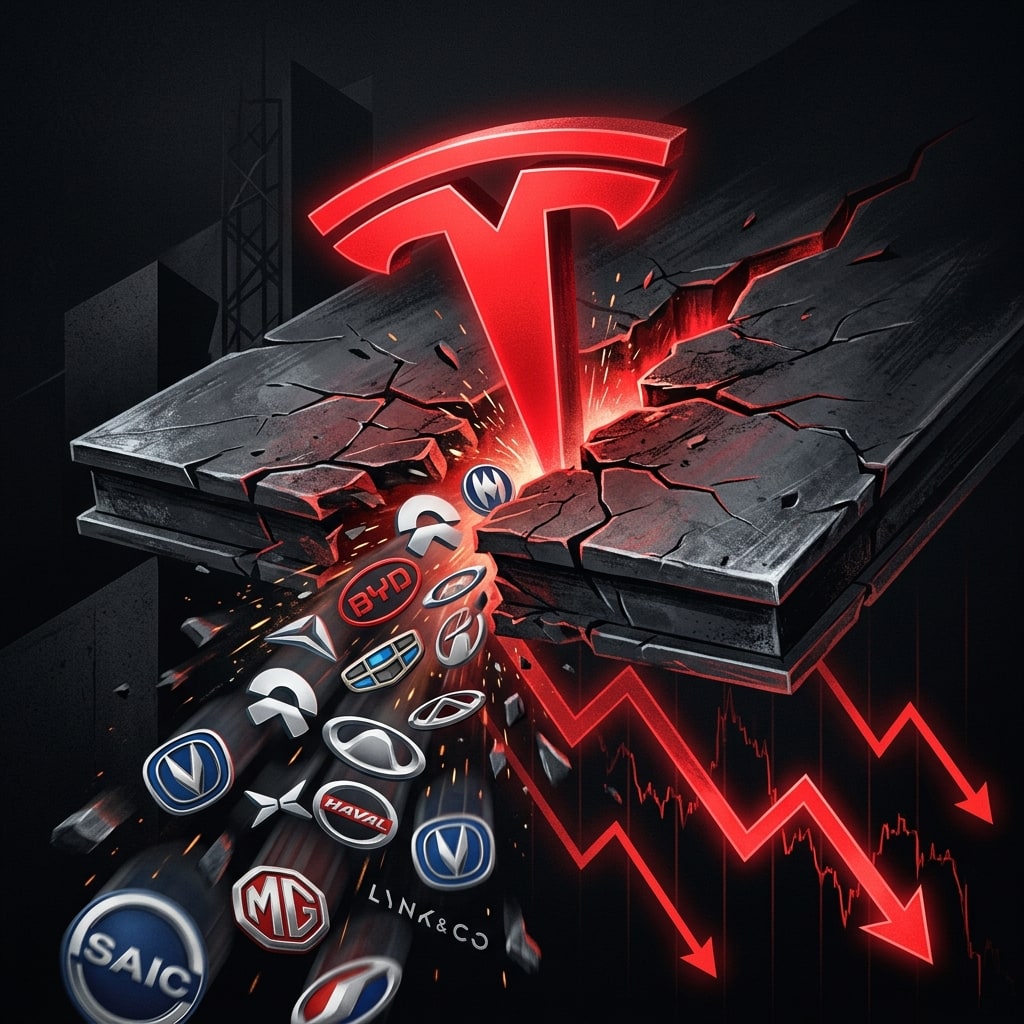 ภาพกราฟิกแสดงโลโก้ Tesla สีแดงเฉือนสะบั้นแท่นวางโลหะที่มีโลโก้ค่ายรถจีนร่วงหล่น ท่ามกลางแนวโน้มดิ่งลงของกราฟหุ้นบนพื้นหลังสีดำเข้มขรึมระดับพรีเมียม