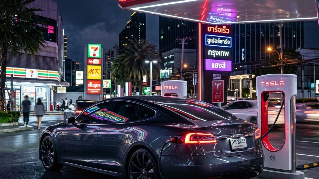 ภาพกราฟิกการชาร์จรถยนต์ไฟฟ้า Tesla ที่สถานี Supercharger ในกรุงเทพฯ ยามค่ำคืนท่ามกลางแสงไฟนีออนพรีเมียมสีแดงขาวอันเป็นเอกลักษณ์