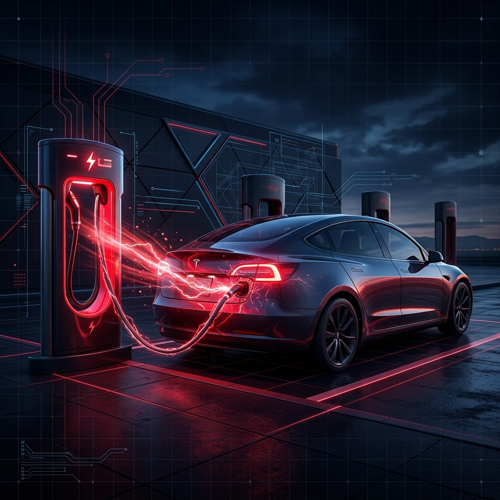 ภาพกราฟิกแสดงหัวชาร์จและตู้ชาร์จ Tesla Supercharger เปล่งแสงเรืองรองสีแดงพ่นพลังงานไฟฟ้าวิ่งสู่ตัวรถเทสลา บนลวดลายทางวิศวกรรมสีดำดูล้ำสมัย