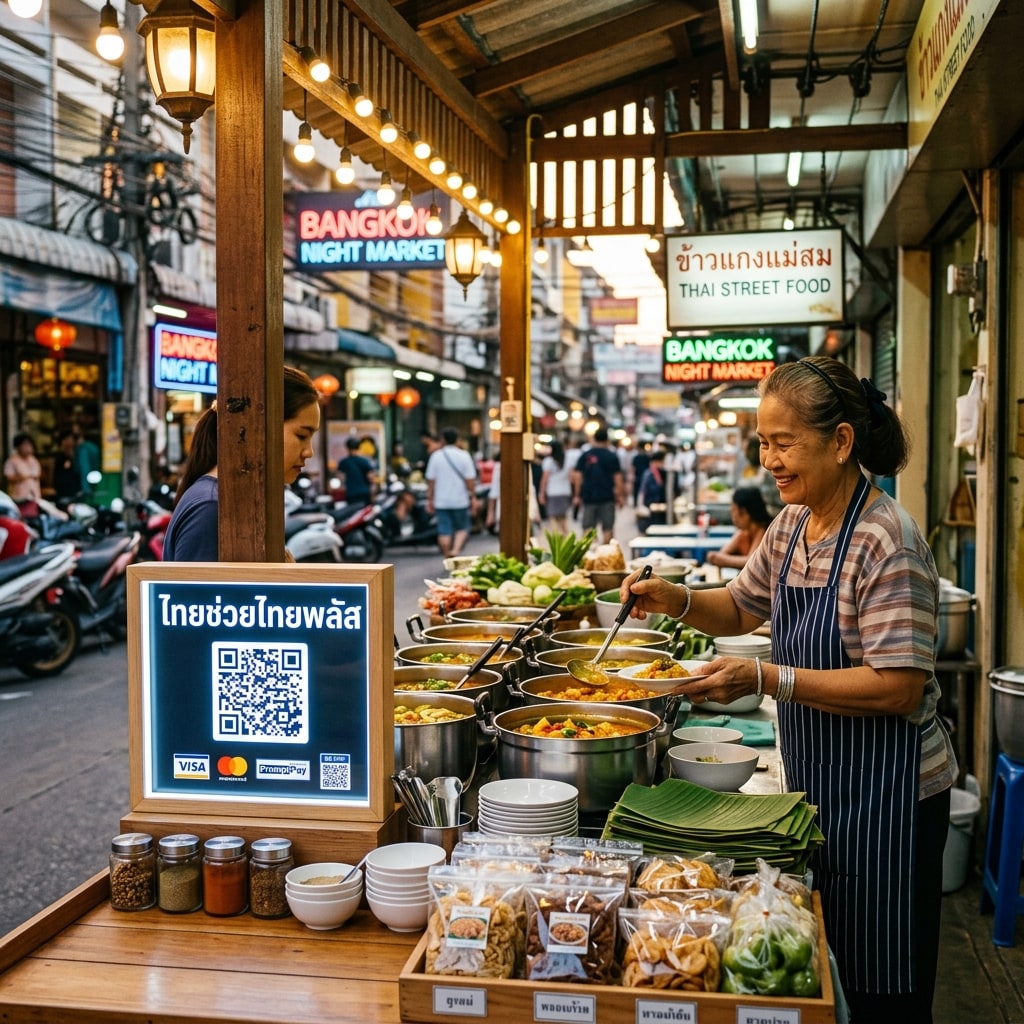 ภาพถ่ายร้านค้าแม่ค้าในตลาดสดของไทยที่ได้รับการจัดวางหน้าร้านอย่างสะอาดเรียบร้อยพร้อมป้ายสแกนสิทธิ์ไทยช่วยไทยพลัสถุงเงิน