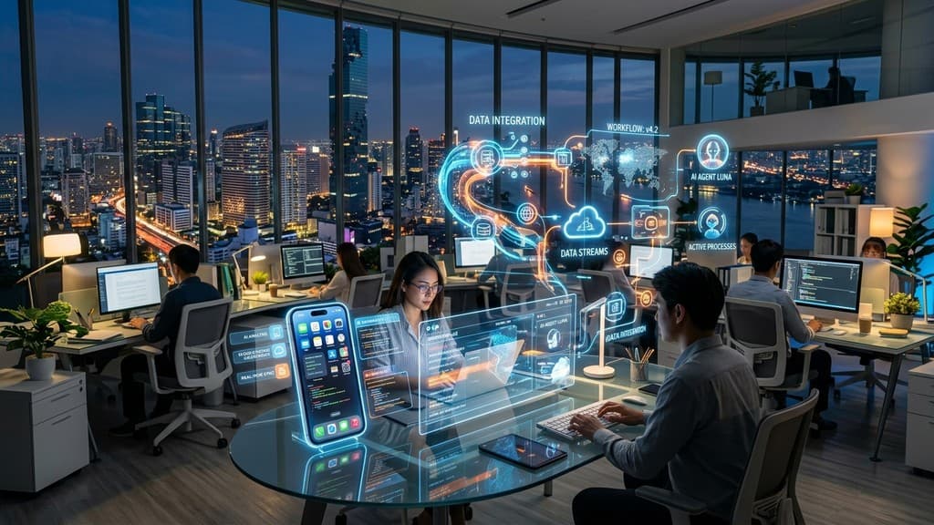 ภาพจำลองที่ทำงานดิจิทัลยุคใหม่ที่มีระบบ AI Agent ทำงานอัตโนมัติร่วมกับมนุษย์