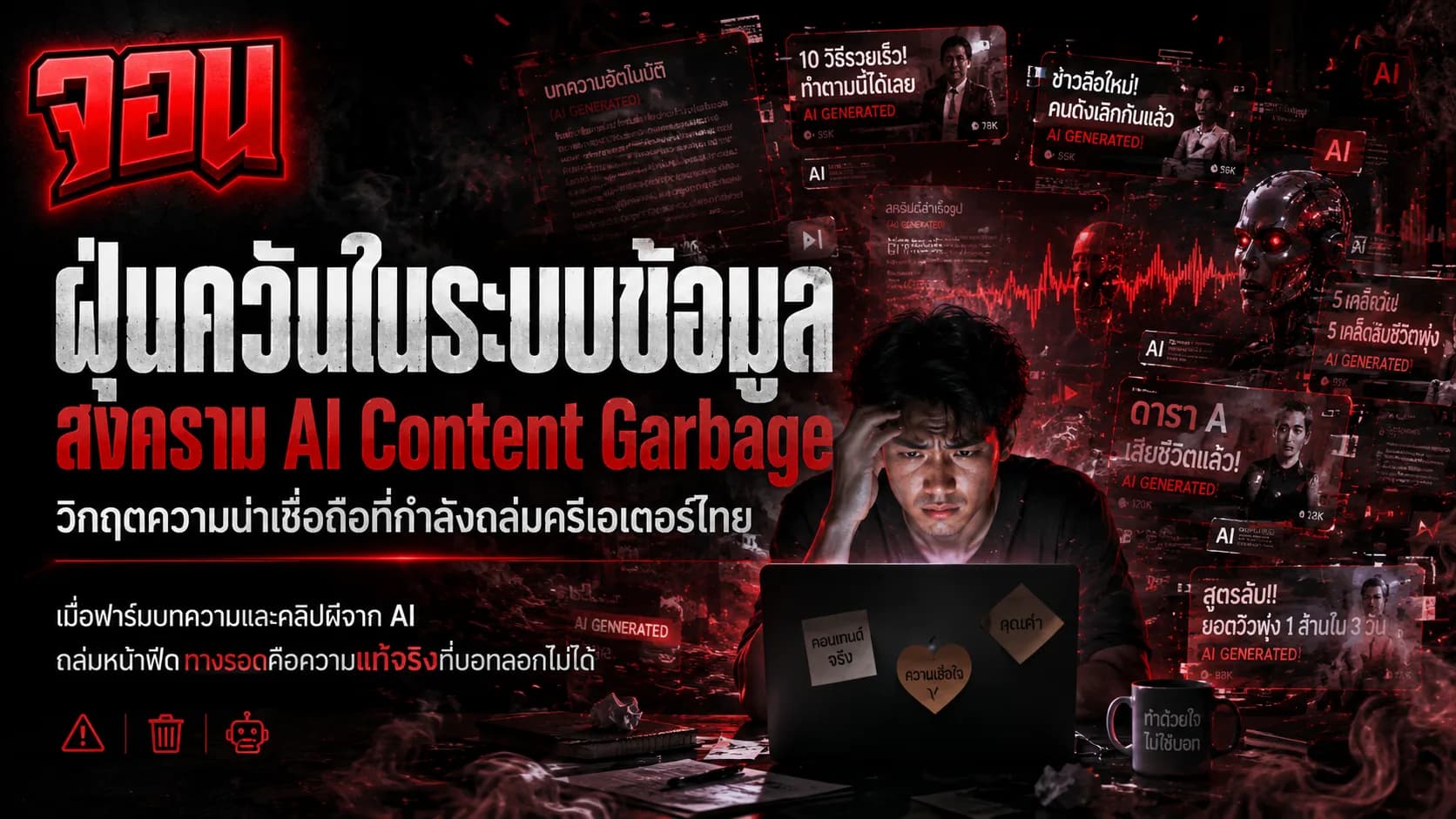 ภาพหน้าปกแสดงลานขยะที่ทับถมกันด้วยแผงวงจรและหน้าจอข้อความที่ซ้ำซากจำเจ โดยมีกล้องส่องความสว่างสว่างไปที่ต้นไม้ที่กำลังงอกเงยออกมา