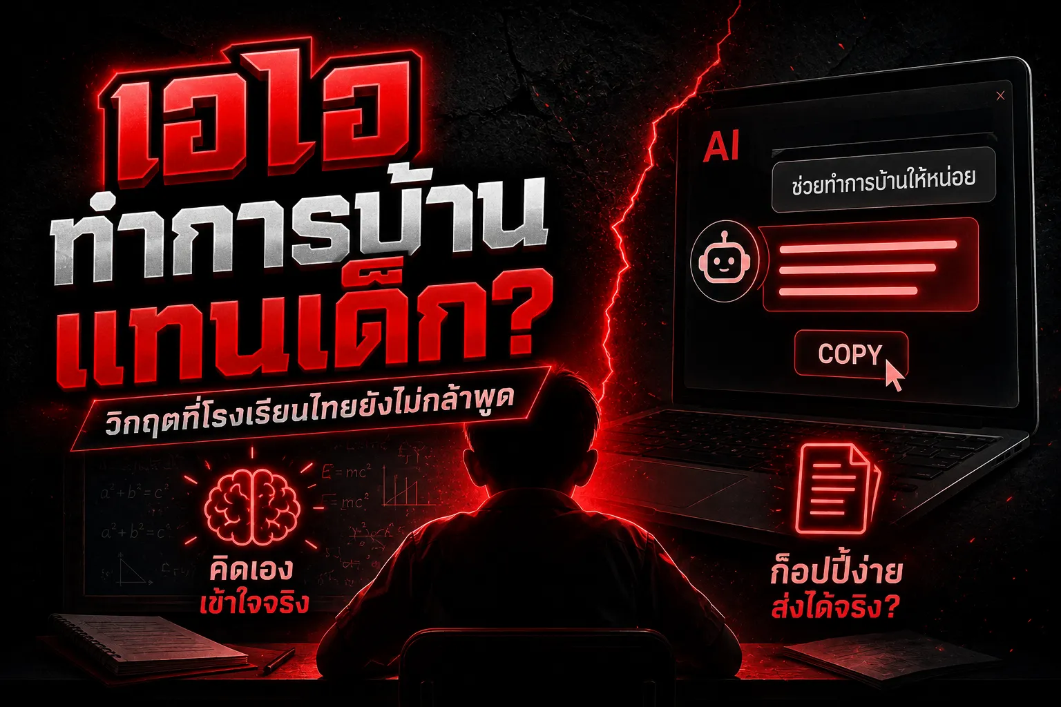 ภาพกราฟิกแสดงอุปกรณ์แท็บเล็ตและสมุดเรียนเรืองแสงขึ้นท่ามกลางสภาพแวดล้อมห้องเรียนยามค่ำคืนที่มีอนุภาคพลังงานลอยขึ้นเป็นโครงสร้างวิทยาศาสตร์ลื่นไหล