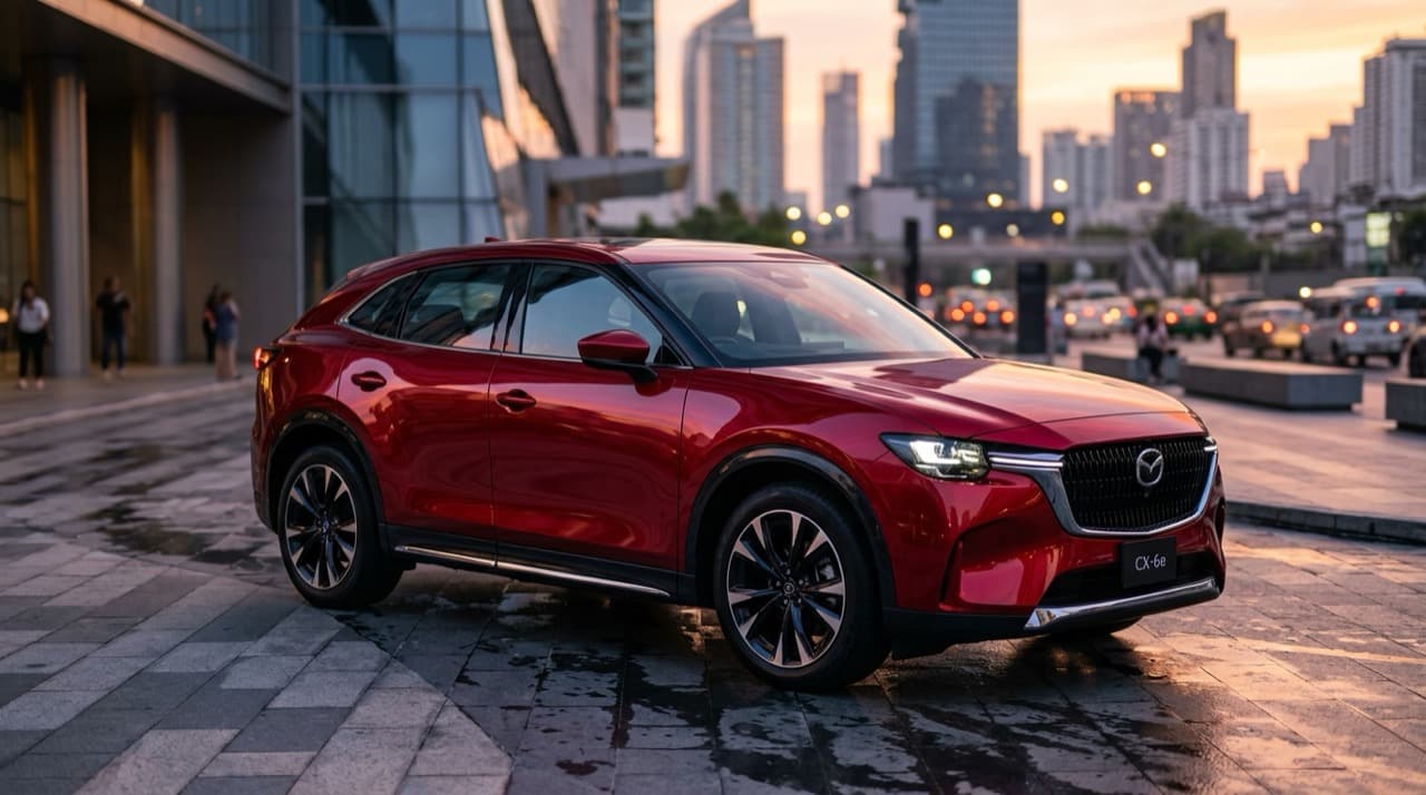 All-New Mazda CX-6e รถยนต์ไฟฟ้า 100% C-SUV สีแดง Soul Red Crystal ดีไซน์ Kodo สปอร์ตพรีเมียม บนพลาซ่าใจกลางกรุงเทพฯ ยามเช้า