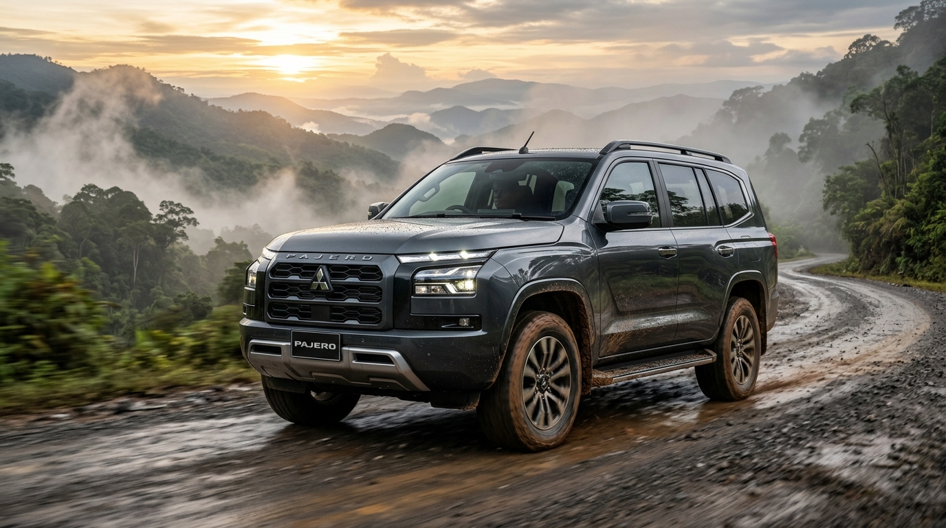 รถยนต์เอสยูวีเรือธง All-New Mitsubishi Pajero รุ่นผลิตในประเทศไทยกำลังวิ่งผ่านเส้นทางภูเขา