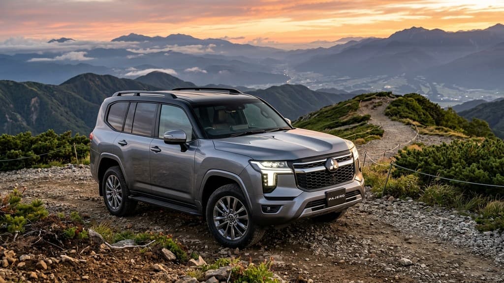 All-New Mitsubishi Pajero เจเนอเรชันที่ 5 สีเทากราไฟต์หลังคาดำทูโทน กระจังหน้าหกเหลี่ยมและไฟหน้า LED ทรง T-Shaped จอดสง่างามบนสันเขาประเทศญี่ปุ่นยามพระอาทิตย์ตกดิน