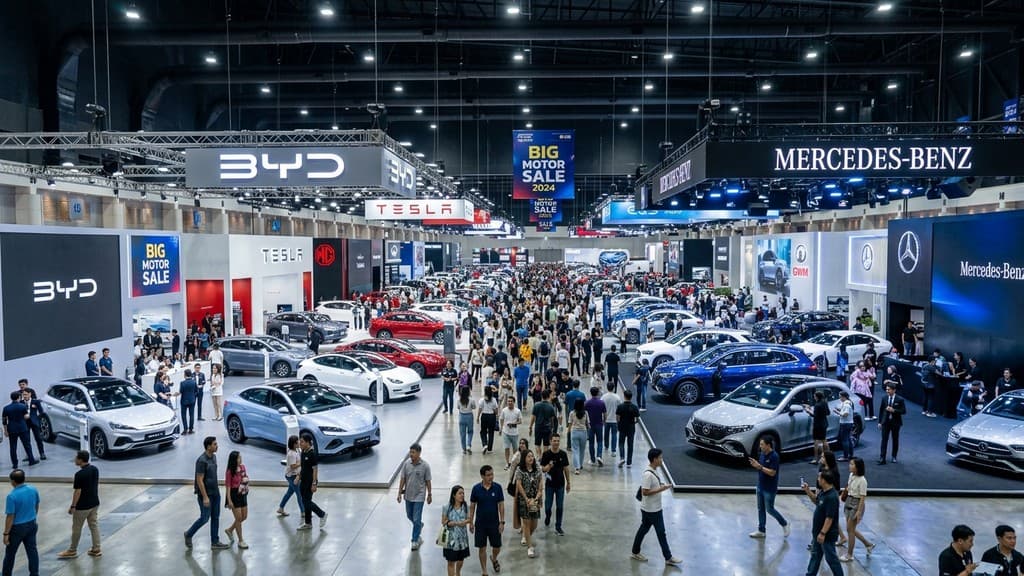 บรรยากาศภายในฮอลล์จัดแสดงงาน Big Motor Sale ณ ศูนย์นิทรรศการและการประชุมไบเทค บางนา มีผู้เข้าชมงานจำนวนมากเดินชมรถยนต์ใหม่และรถยนต์ไฟฟ้า