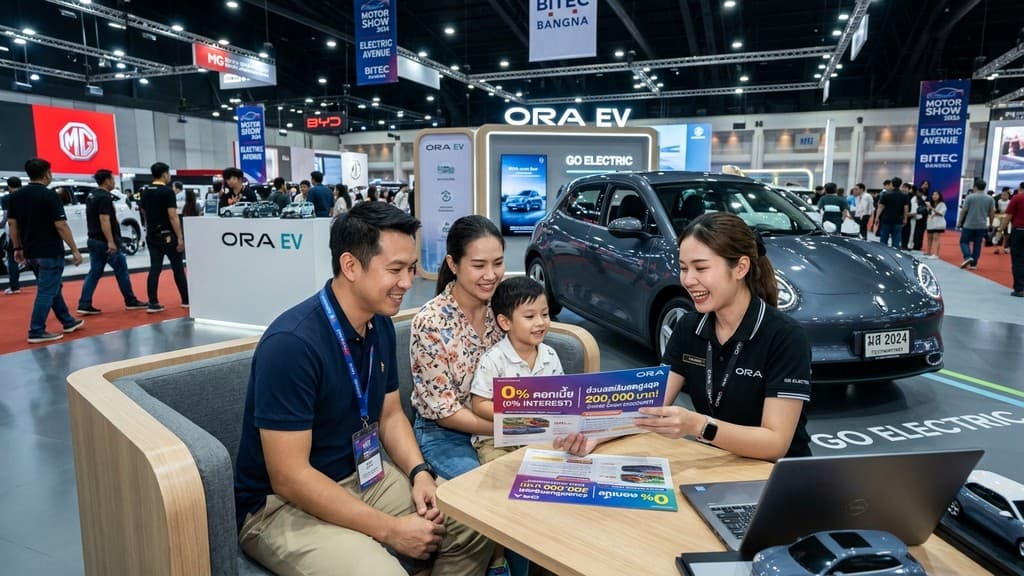ที่ปรึกษาการขายกำลังอธิบายโบรชัวร์โปรโมชันดอกเบี้ย 0% และส่วนลดเงินสดแก่ครอบครัวชาวไทยในบูธจัดแสดงรถยนต์ไฟฟ้า ณ ไบเทค บางนา