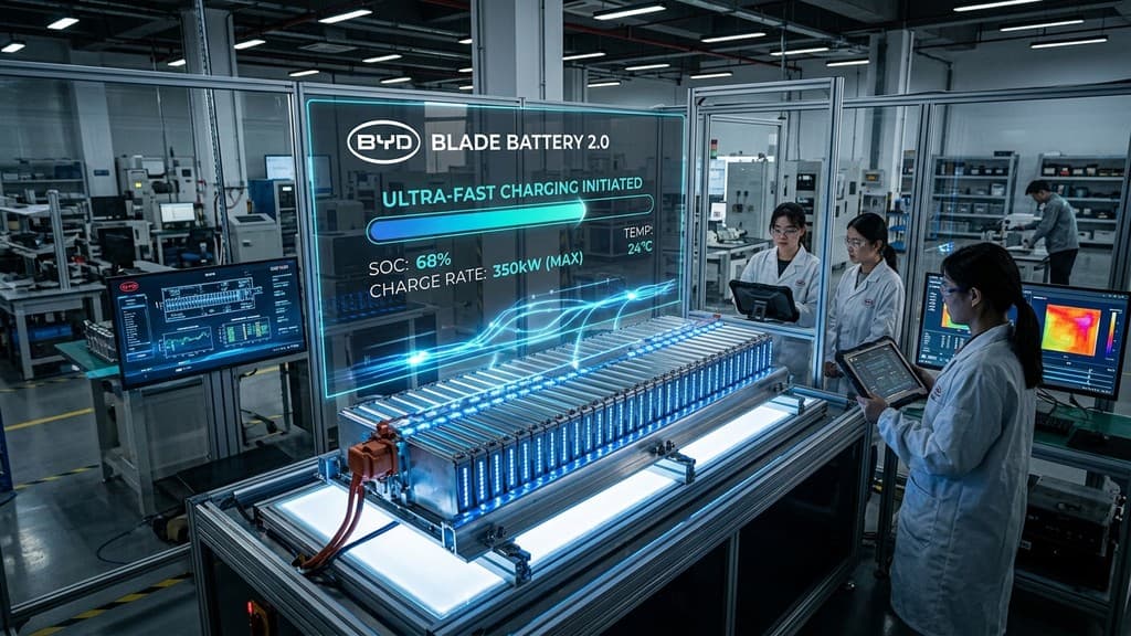 โมดูลแบตเตอรี่ BYD Blade Battery 2.0 ในห้องแล็บพัฒนาพลังงาน