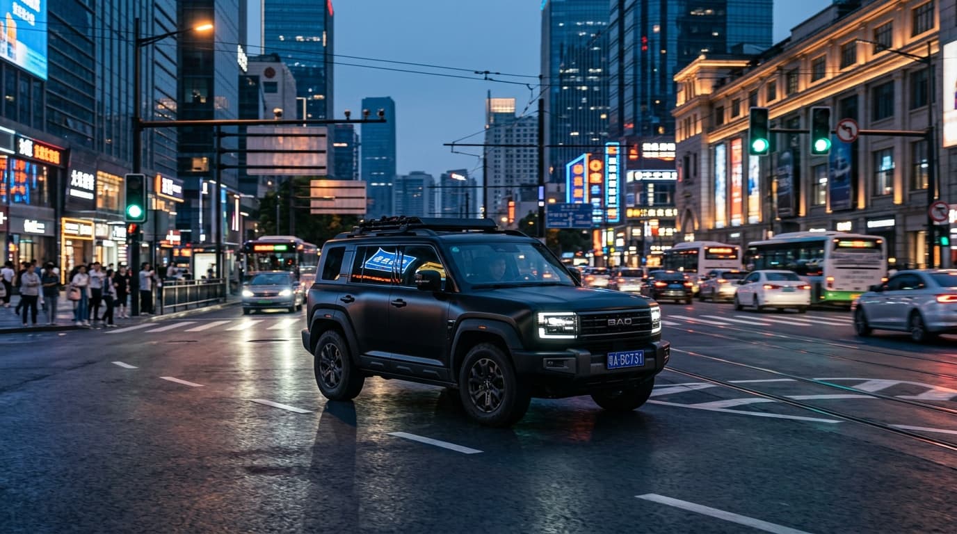 รถยนต์เอสยูวีสีดำแมตต์ดีไซน์ทรงกล่องรุ่น BYD Fang Cheng Bao Tai 7 กำลังขับขี่ผ่านสี่แยกกลางเมืองยามพลบค่ำ