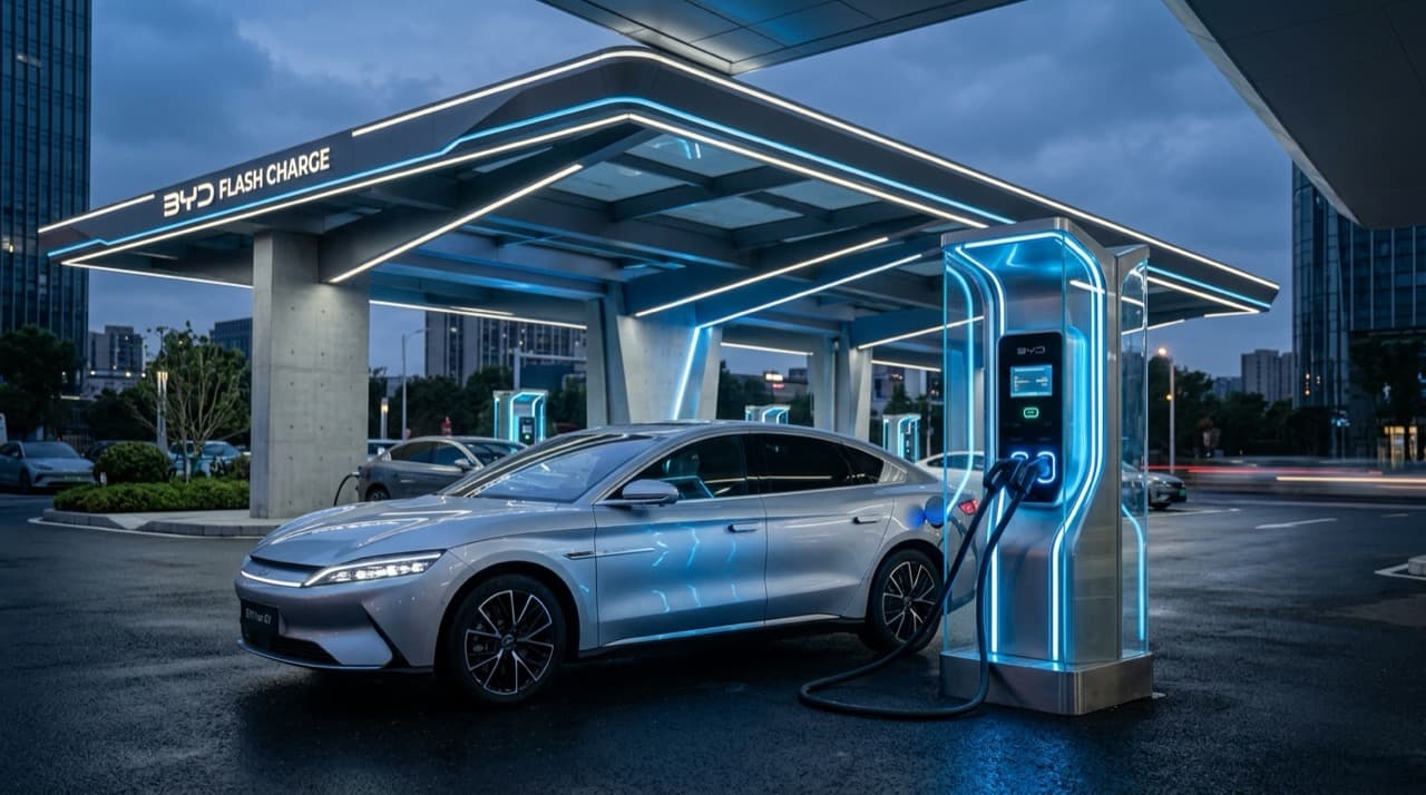 สถานีชาร์จรถยนต์ไฟฟ้ายุคใหม่ BYD Flash Charge ตู้จ่ายไฟดีไซน์ล้ำสมัยพร้อมสายชาร์จหล่อเย็นด้วยของเหลวกำลังเชื่อมต่อเข้ากับพอร์ตชาร์จของรถยนต์ไฟฟ้าหรู
