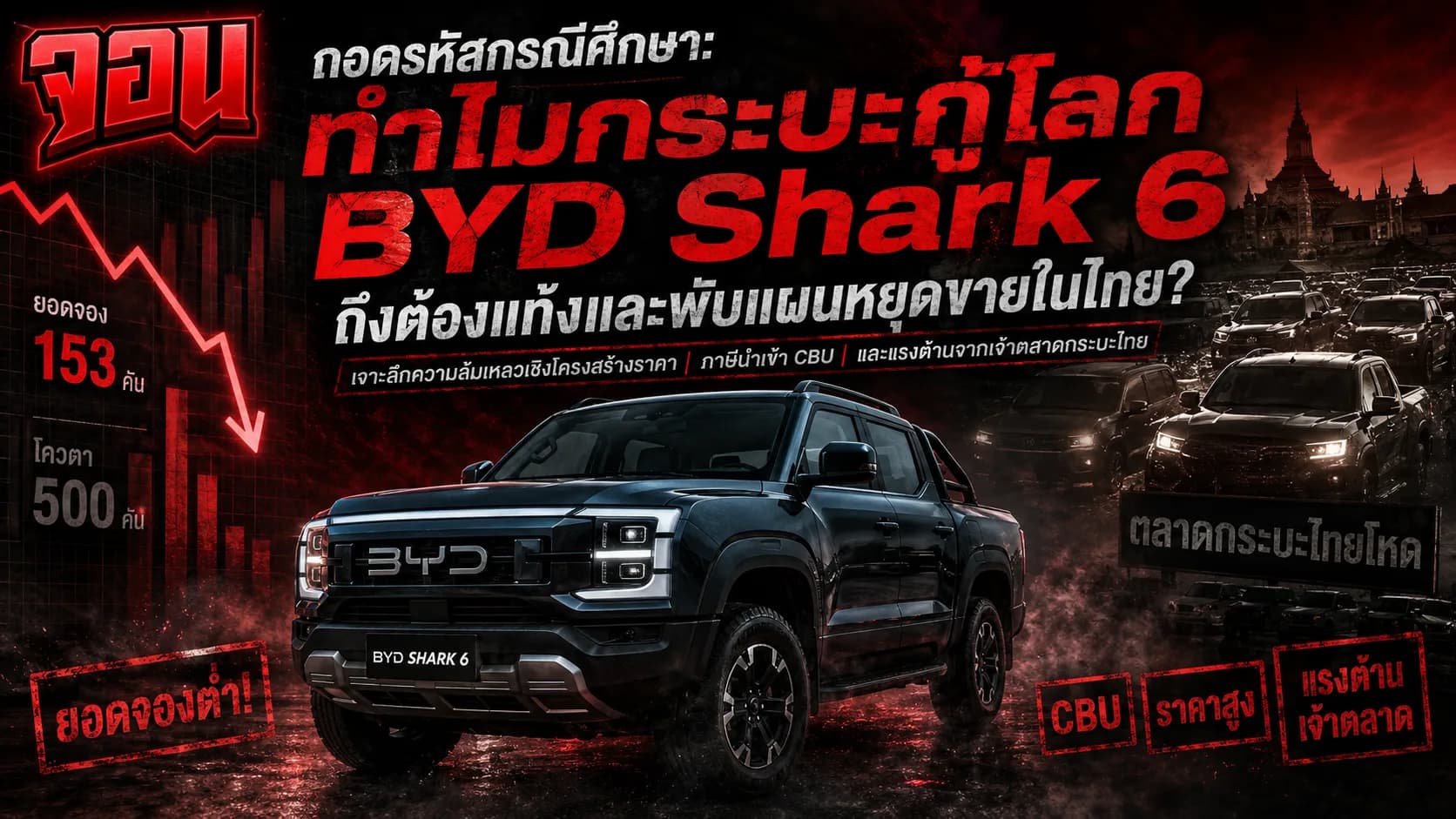 ภาพกระบะ BYD Shark สีเทาเข้มดีไซน์ดุดันจอดเด่นอยู่ท่ามกลางฉากหลังป่าเขาเขียวขจีในต่างจังหวัด