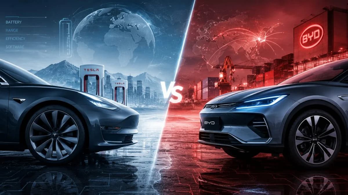 ภาพดีไซน์จำลองสอดคล้องกับหัวเรื่อง ยอดขายรถยนต์ไฟฟ้าของ BYD และ Tesla ในไตรมาสที่ 2 ปี 2026